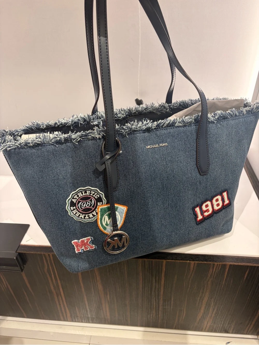Michael Kors Avalon Medium Embellished Denim Convertible Tote Bag new with tag
